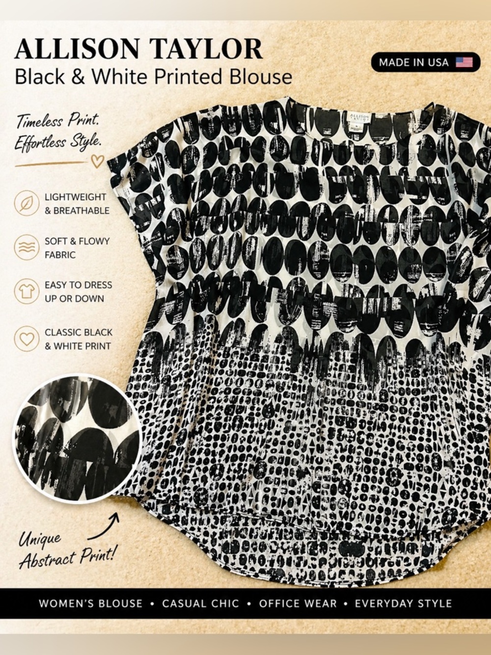 Allison Taylor Black & White Abstract Print Blouse